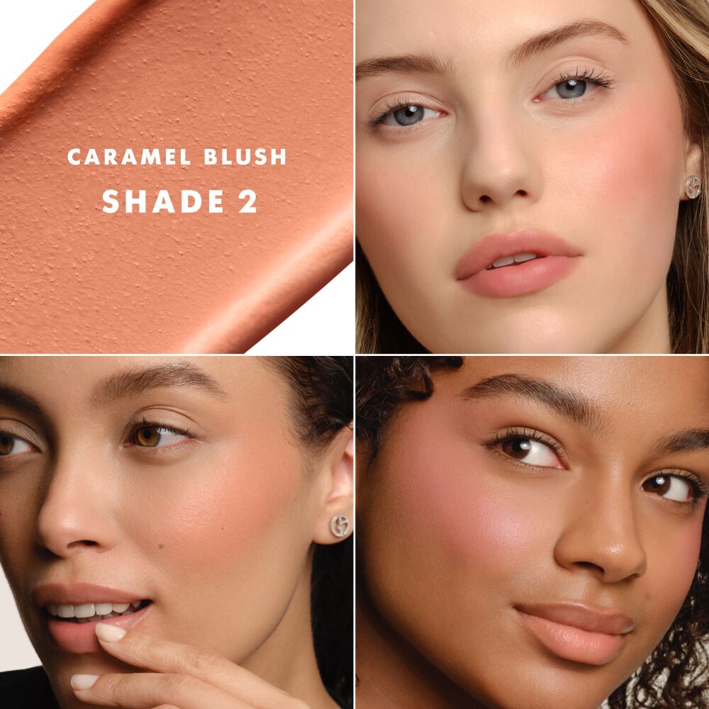 Dolci Blush 2 Caramel applied on three different skin tones.
