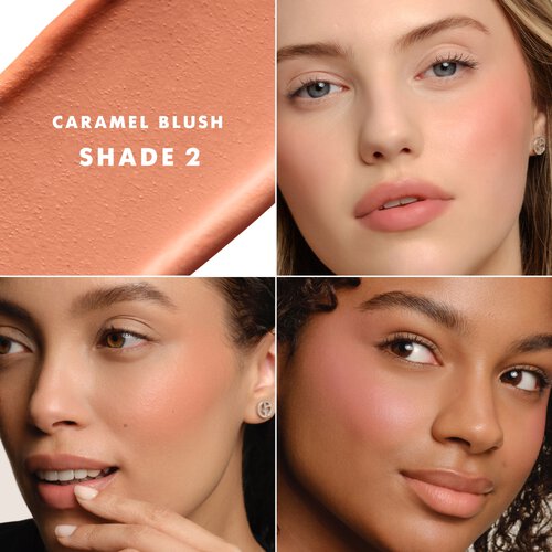 Dolci Blush 2 Caramel applied on three different skin tones.