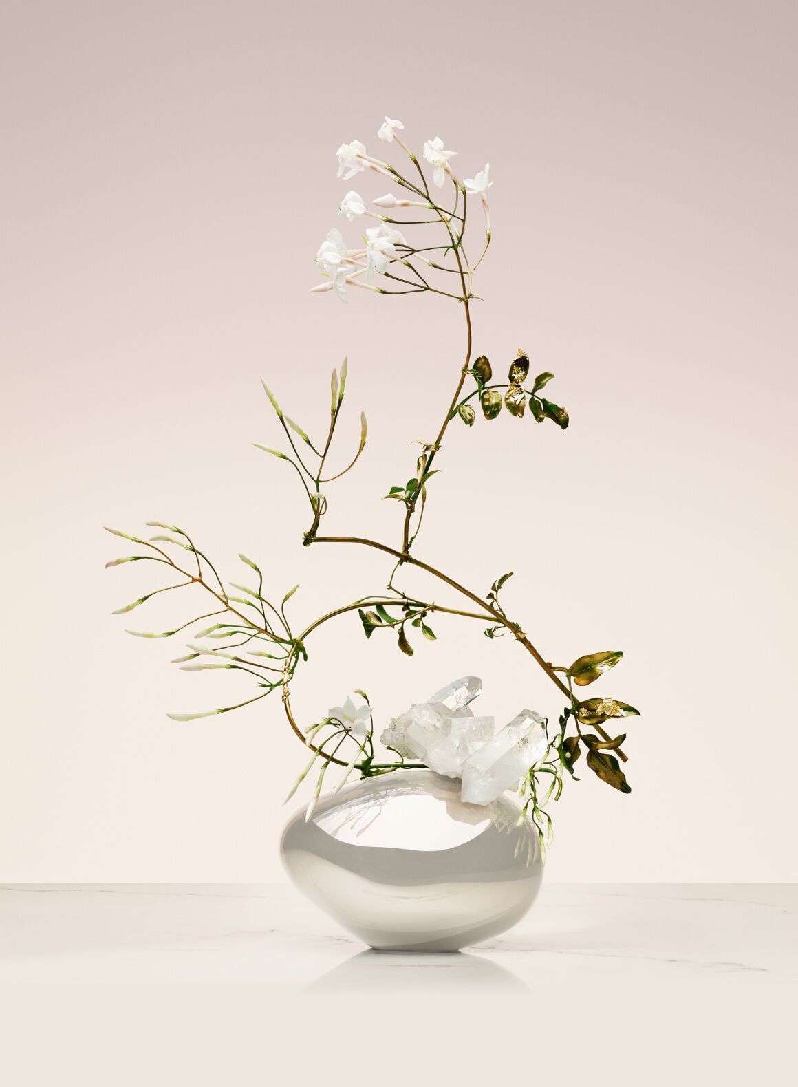 Armani/Prive Blanc Kogane: artistic ikebana arrangement with delicate white florals, evoking purity and elevated craftsmanship.