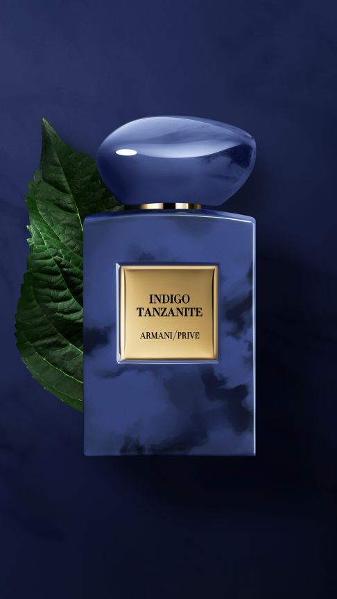 Bottle of Armani/Prive Indigo Tanzanite fragrance.