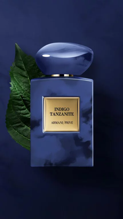 Bottle of Armani/Prive Indigo Tanzanite fragrance.