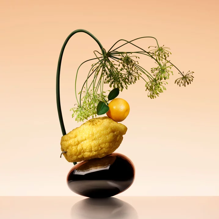 Armani/prive Orange Mediterranee: artistic ikebana arrangement with cedrat, bitter orange and fennel, set against an elegant gradient background.