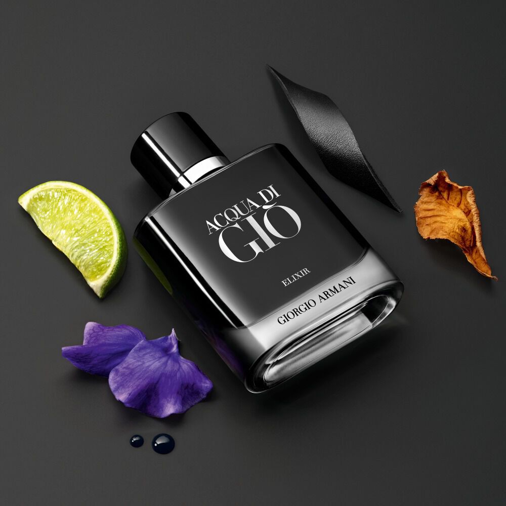 Giorgio Armani Acqua Di Gio Elixir bottle on a black background with bergamot, aquatic accord, and violet.