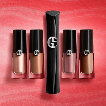 A model depicts the before and after look of virtual try on by Armani beauty