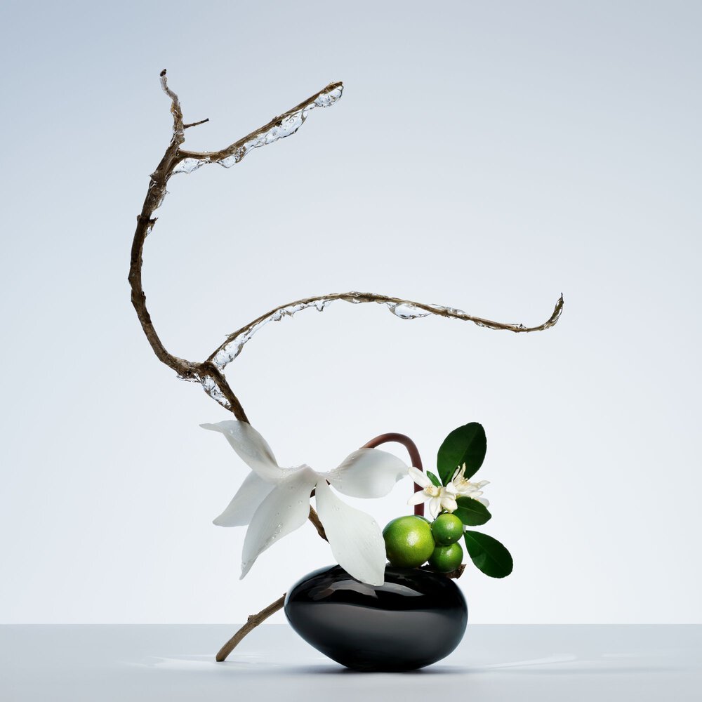 Ikebana-style arrangement featuring an icy branch, delicate white flowers, and vibrant green citrus fruits.