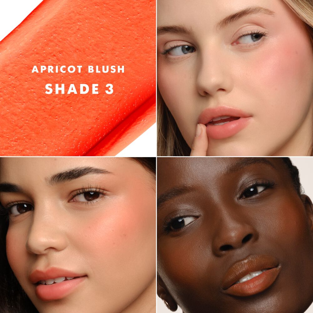 Dolci Blush 3 Apricot applied on three different skin tones.