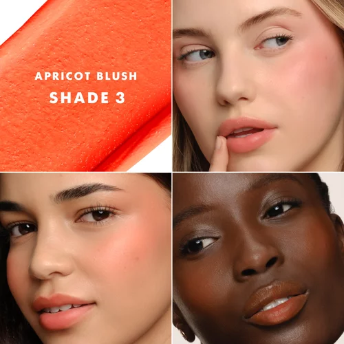 Dolci Blush 3 Apricot applied on three different skin tones.