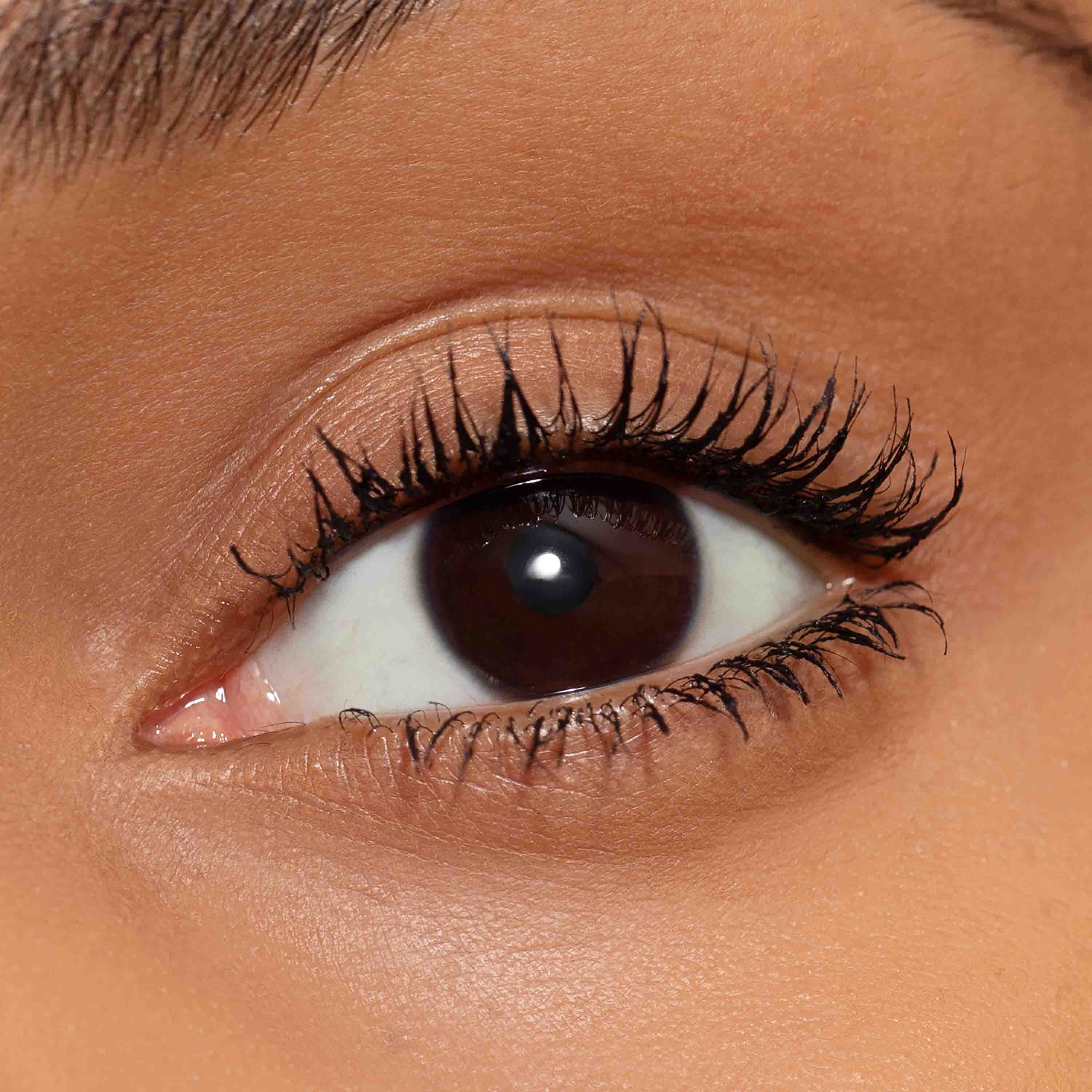 Closeup of deep brown eye wearing only mascara makeup